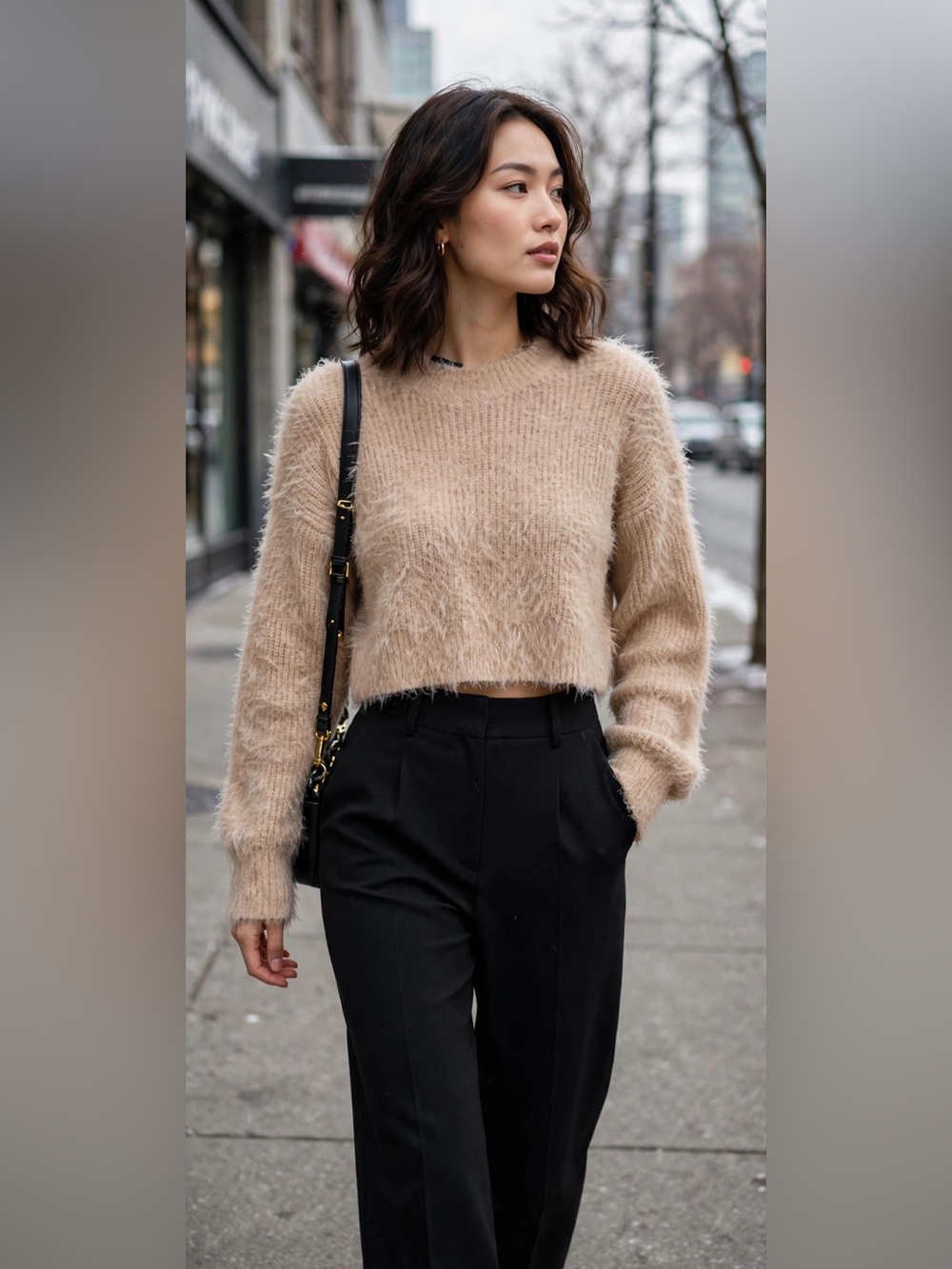 Forever 21 Women's Fuzzy Crewneck Sweater in Peachy Beige